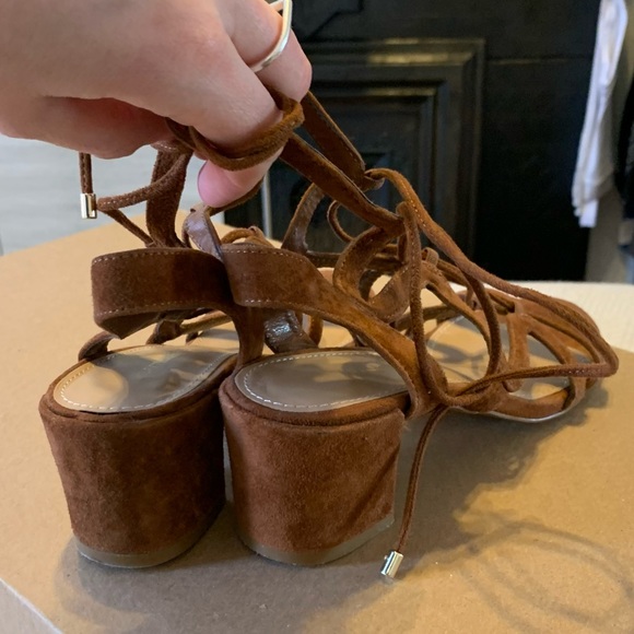 Saks Fifth Avenue Cognac Camel Brown Suede Lace Up Block Heel Sandals - 6.5 - Picture 6 of 16